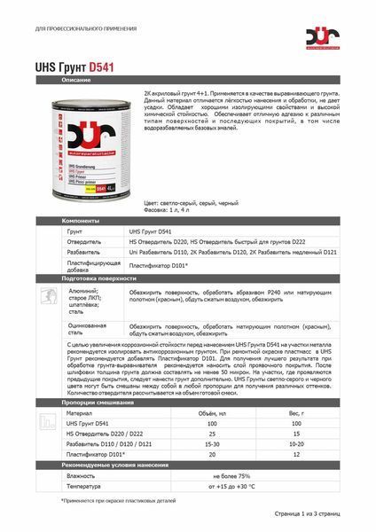 Грунт акриловый UHS DUR 4+1 (1л) D541 светло-серый + отв. D222 (0,25л) 00000011005 фото